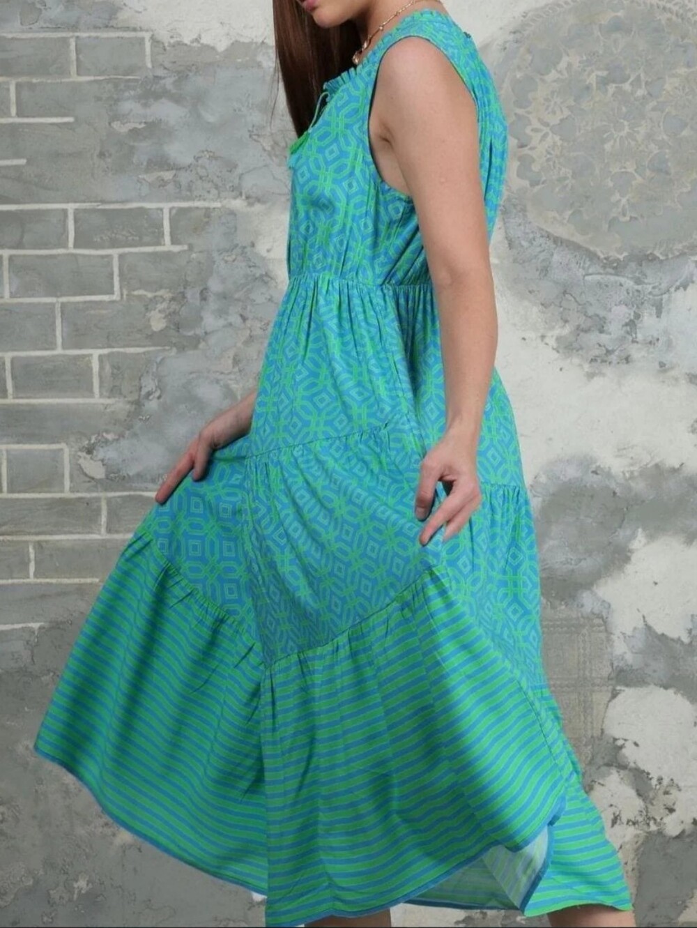 NWT Avani Del Amour Midi Dress Sleeveless Geometrict Stripes Tiered Boho